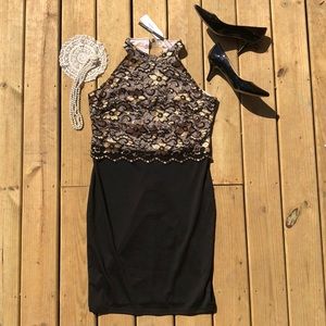 Form Fitting Black and Gold Lace Overlay Dress